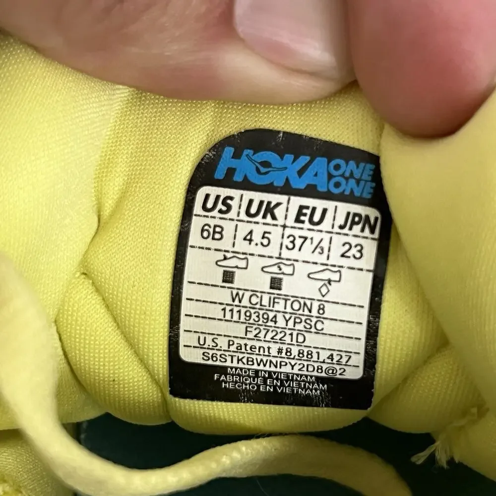 Hoka One Clifton 8 Womens 6B Yellow Athletic Running Sneakers Casual Shoes